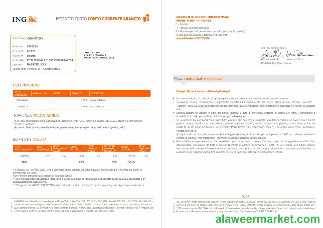 Italy ING bank statement 2 pages